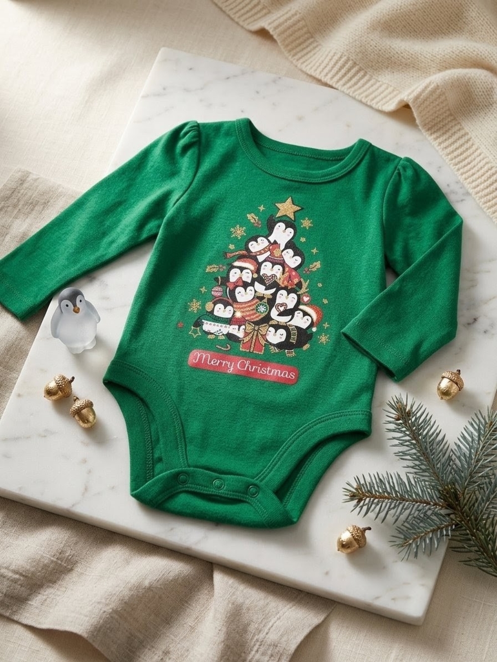 Holiday Time Green Penguin Tree Long-Sleeve Baby One-Piece